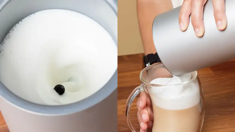 A Spinn frother swirls steamed milk.