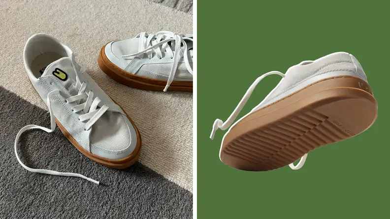 The Degenerate Sneaker bottom view and an image of the sneakers on a gray and cream carpet.