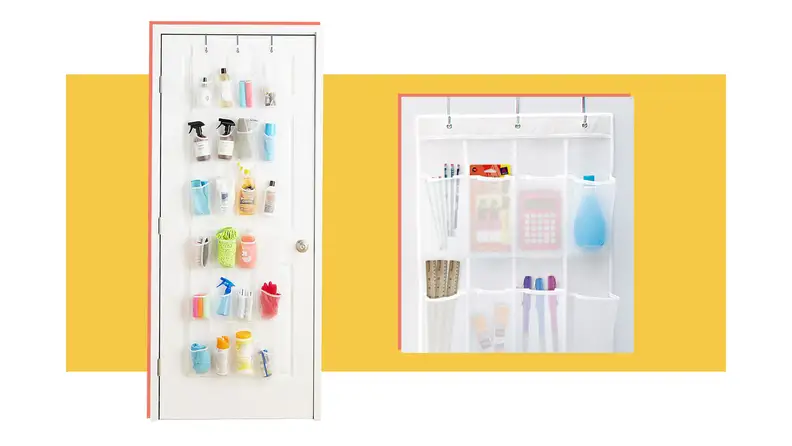 Rack with mesh bags in front of a background.