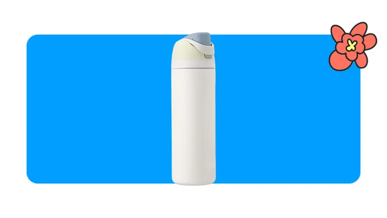 A white Owala Free Sip water bottle in front of a blue background with a red cartoon flower.