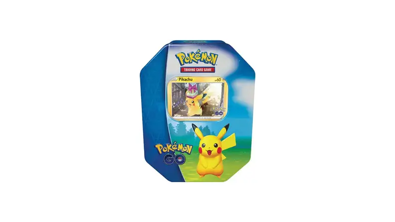 A Pokémon GO Trading Card Gift Tin in front of a white background.