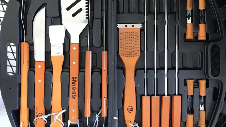 Multiple grill tools with wooden handles