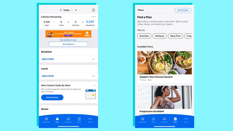 Screenshots from the MyFitnessPal app.