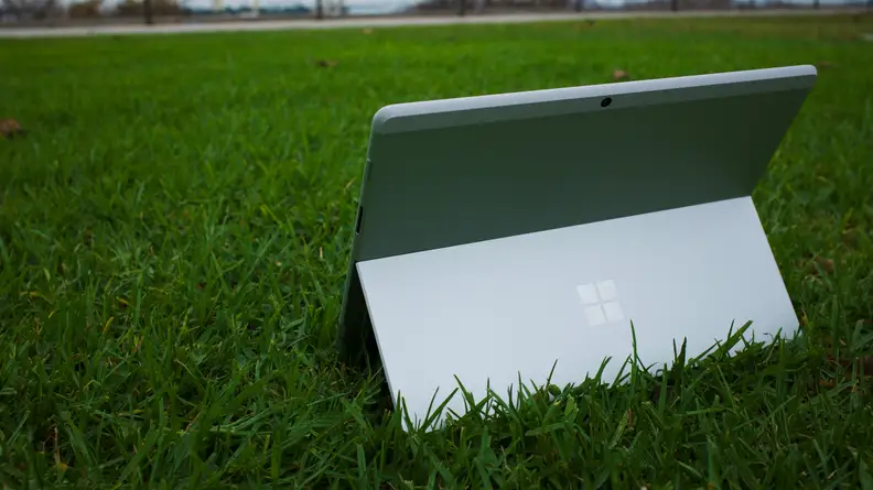 A view of the backside of the Surface Pro X, showcasing the kickstand when active.