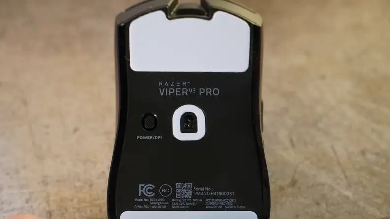 The bottom of the Razer Viper V3 Pro mouse.