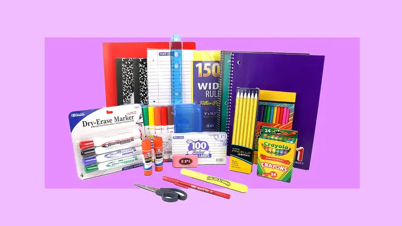A school supply bundle on a purple background