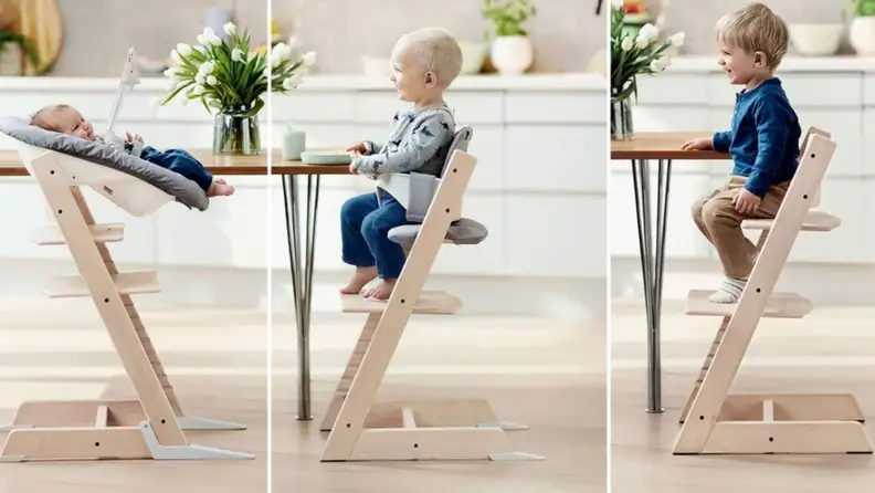 Three photos that show a child at every stage using the Stokke Tripp Trapp.