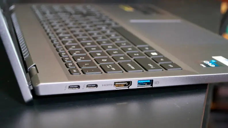 A side view of a laptop's connectivity ports.