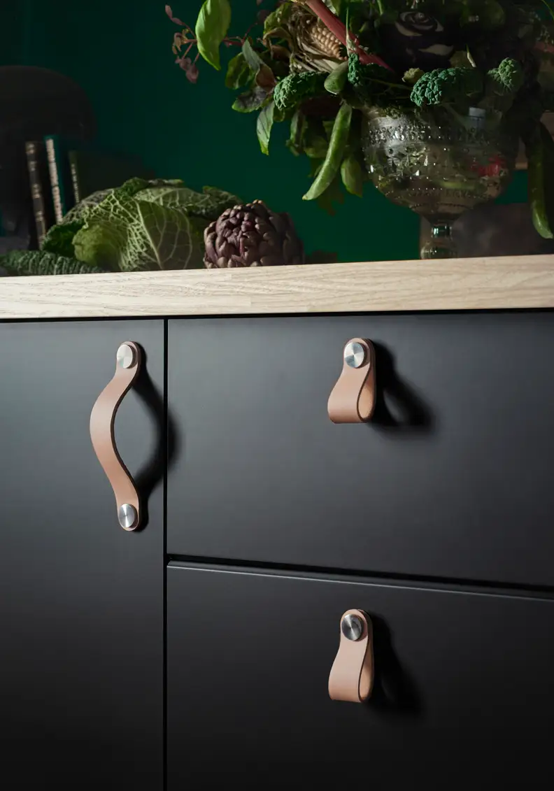 Leather handles look elegant on drawers and cabinets