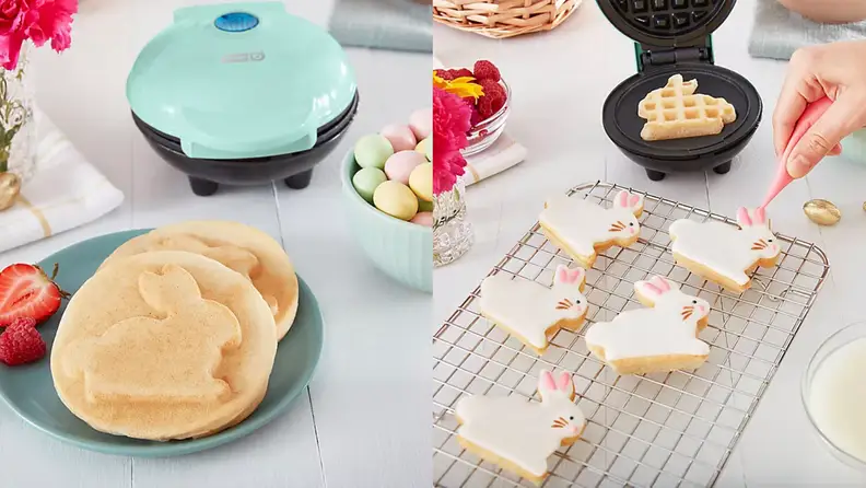 Waffle maker next to bunny shaped waffles.