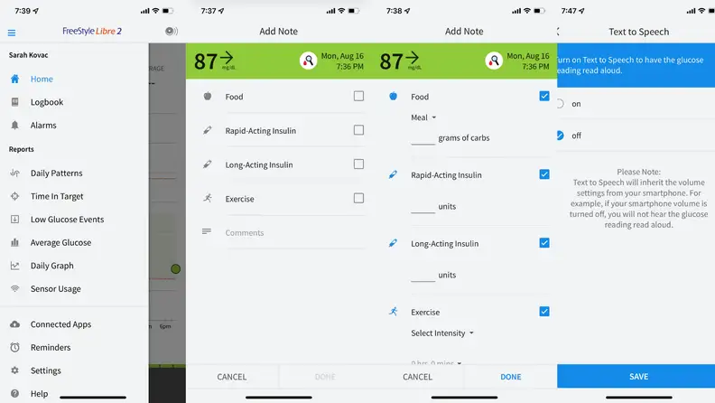 Screenshots of in-app use of the Freestyle’s Libre 2 app.