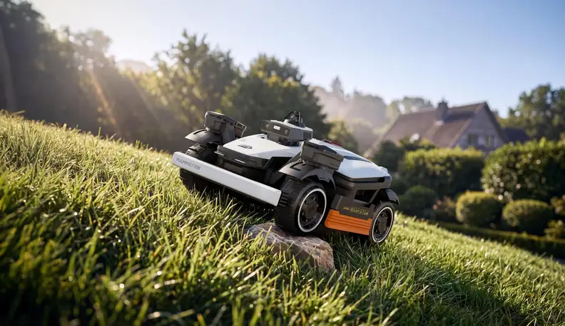 MAMMOTION LUBA 4 AWD parked on a grassy slope, showing its all-wheel-drive platform in a sunlit backyard.