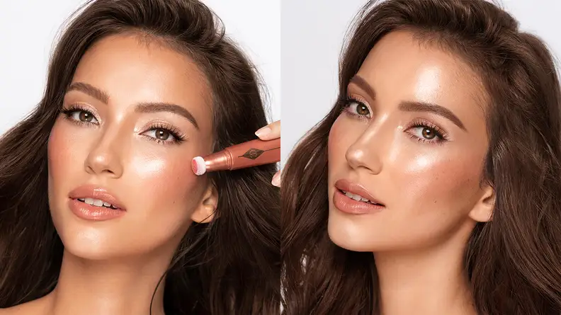 A model applies a cream blush to their cheeks.
