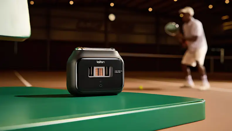 A close-up of a black electric shaver on a tennis court with a player in the background.