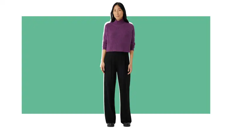 A purple cropped turtleneck sweater.