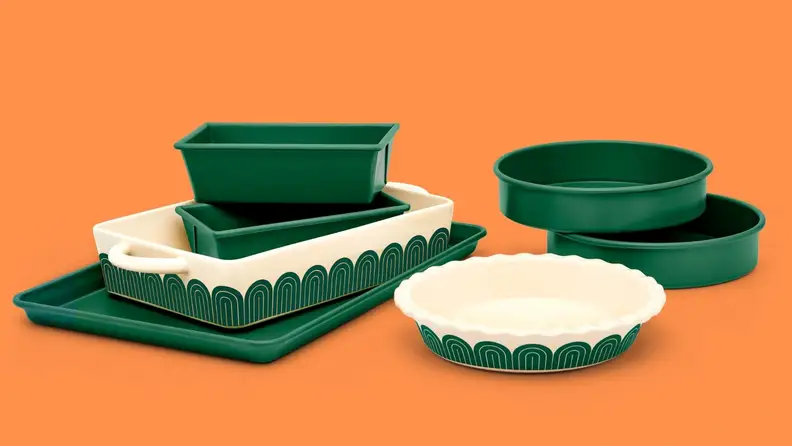 The 7-piece Great Jones bakeware set, "Fully Baked," is available in "Broccoli" and "Blueberry."