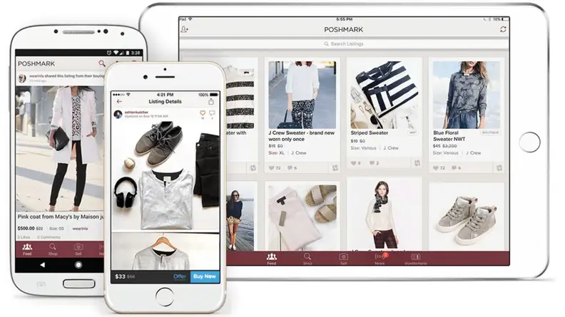 Mobile phones and a tablet displaying Poshmark's interface and app.