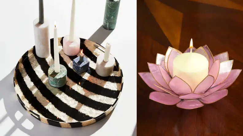 Two capiz accent items - a tray and candle.
