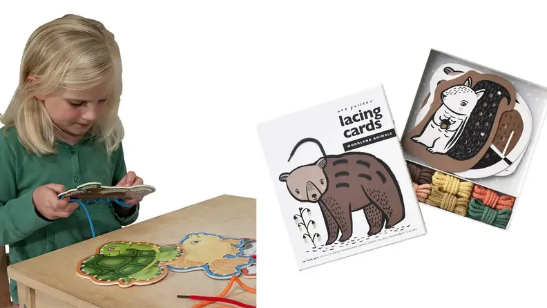 Child sitting down playing with wooden lace board. On right, multi-colored wooden lacing board in packaging.