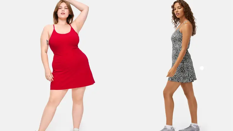 models wearing red and leopard exercise dresses