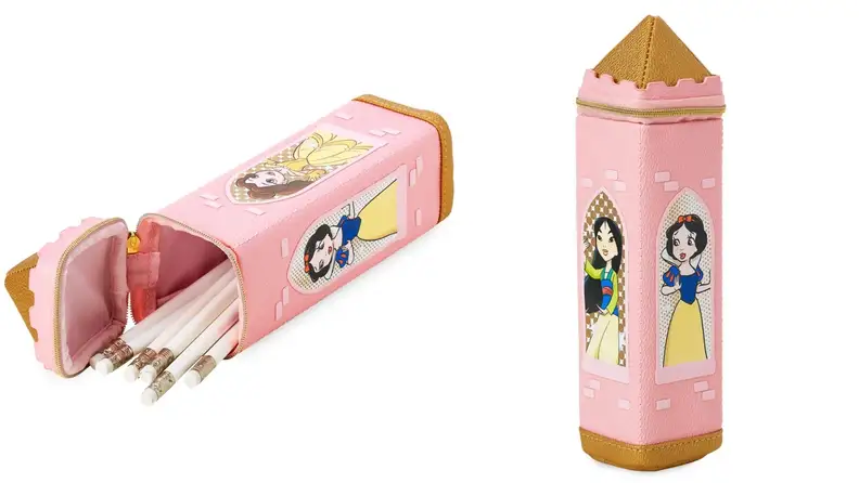 Pink princess tower themed pencil case holding pencils.
