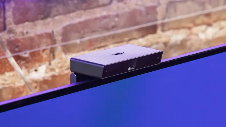 A close-up of the Sony Bravia Cam connected to the top of the A95L's panel