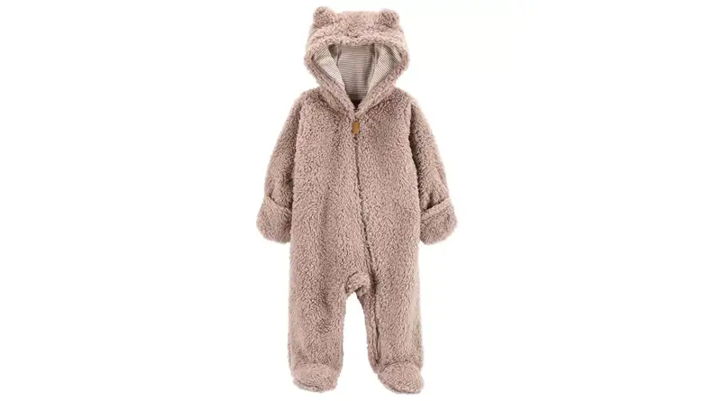 An image of a brown sherpa bear onesie with a hood with ears.