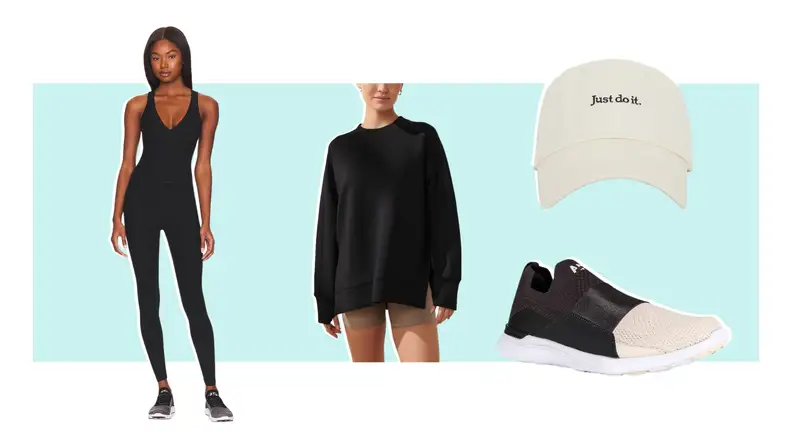 A model wearing a black bodysuit, a model wearing a black sweatshirt, a white hat embroidered with the words "Just Do It," and a pair of black and white sneakers.