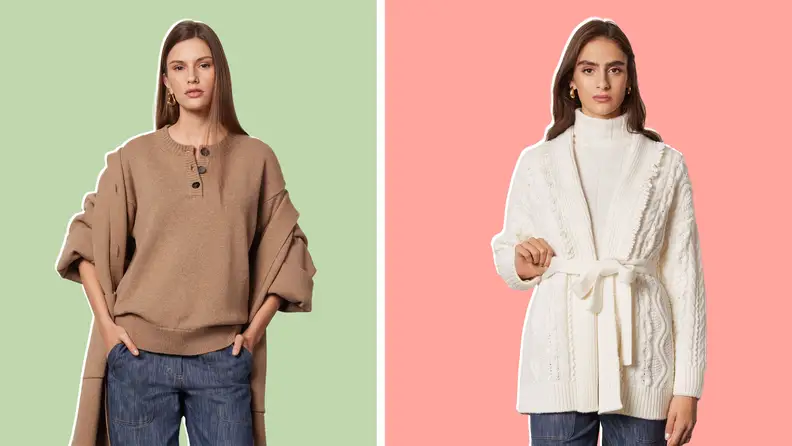 A model wearing an oversized brown cardigan, and another model wearing a white cable-knit cardigan with a turtleneck.