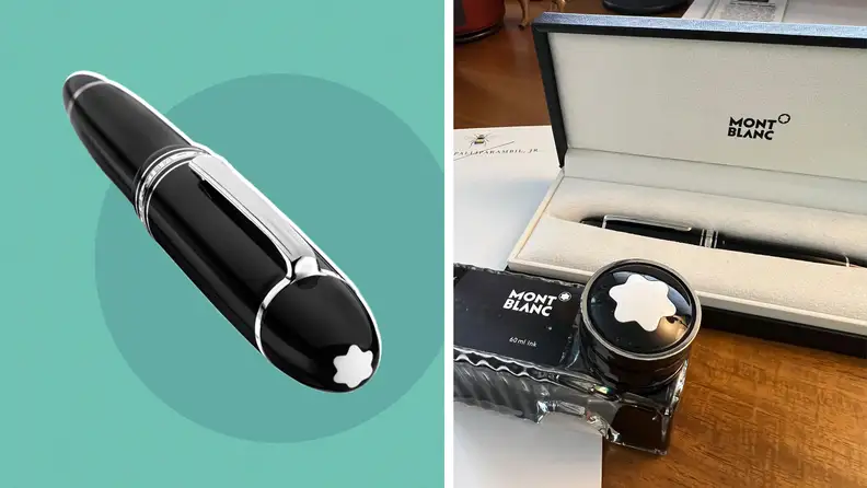 A close Montblanc fountain pen, and a photo of the ink jar and pen in the case.