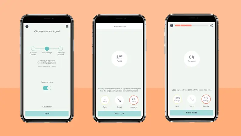 Three smartphones with the Elvie Trainer app on the screens, showing inconsistent results.