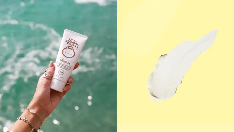 An image of a person holding a bottle of Sun Bum mineral sunscreen lotion.