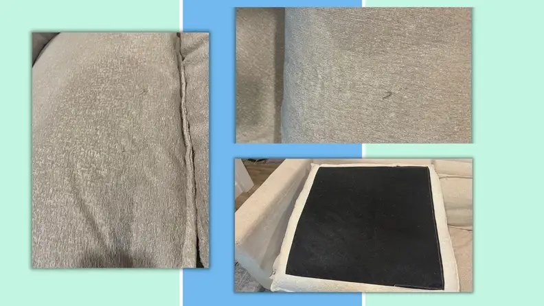 A collage showing close-ups of a snag on the sofa, as well as the bottom side of the cushion.