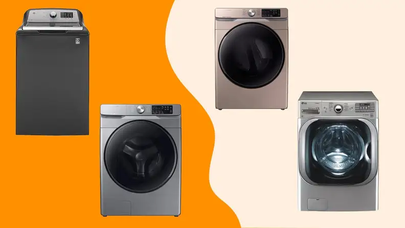 Two washers and two dryer sets against an orange background.