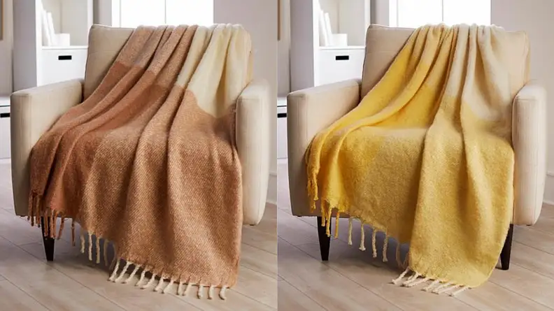 Two images of the same faux-mohair blanket in tan and yellow.