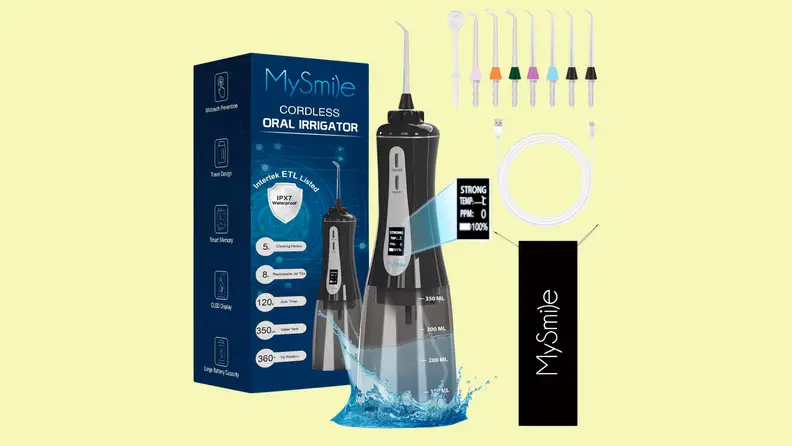 A water flosser and its accessories appear over a yellow field.