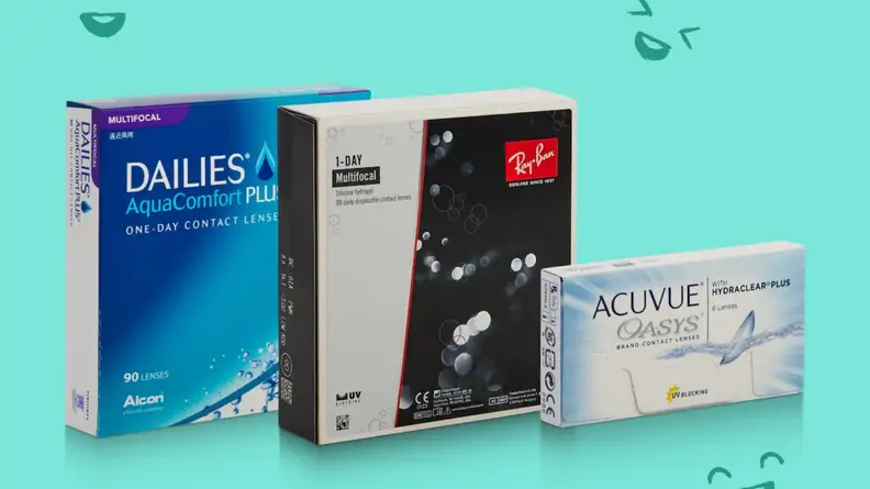 An image of several boxes of contacts on an aquamarine background.