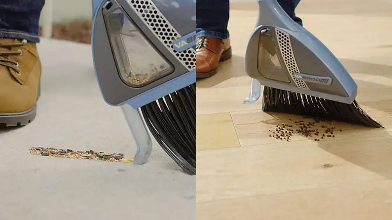 On left, person suctioning up a pile of waste on floor. On right, person sweeping mess into pile.