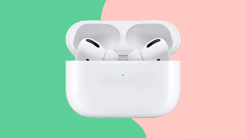 Apple Airpods Pro in front of pink and green.