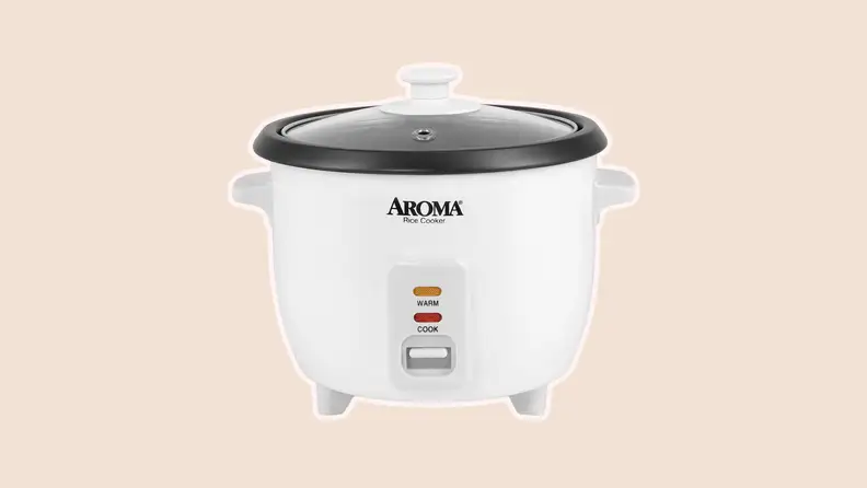 Product shot of a white Aroma Homewares Rice Cooker with lid on top.
