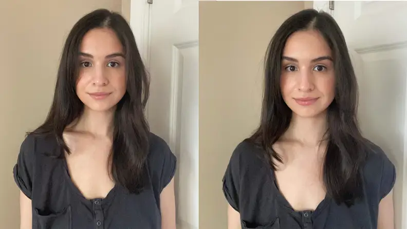 Two images of a person wearing two shades of different lip sticks.