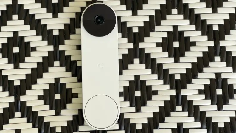 The Nest Doorbell against a patterned background
