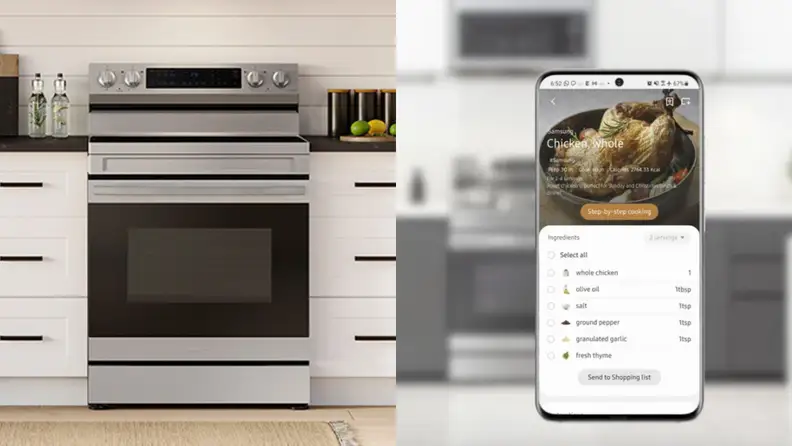 On left, Samsung range in kitchen. On right, smart phone showcasing Samsung app cooking chicken.