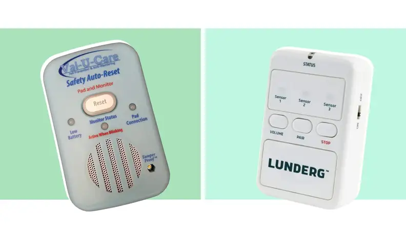 Photo collage of the Val-U-Care Safety Monitor and the Lunderg Bed Alarm & Chair Alarm System.