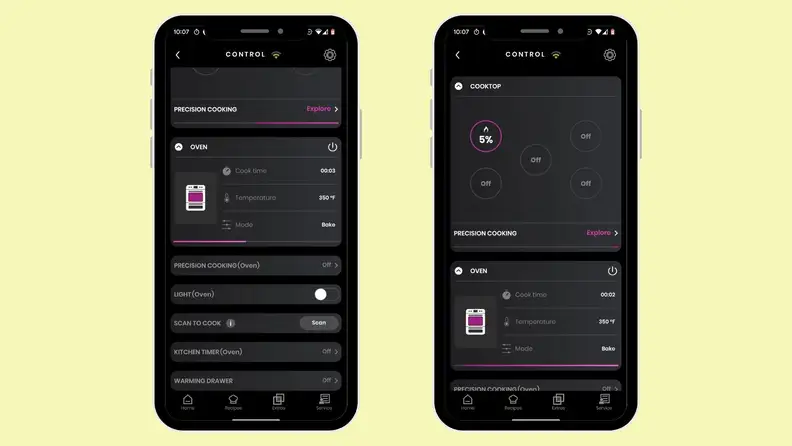 Two phone frames with screenshots from the GE SmartHQ app.