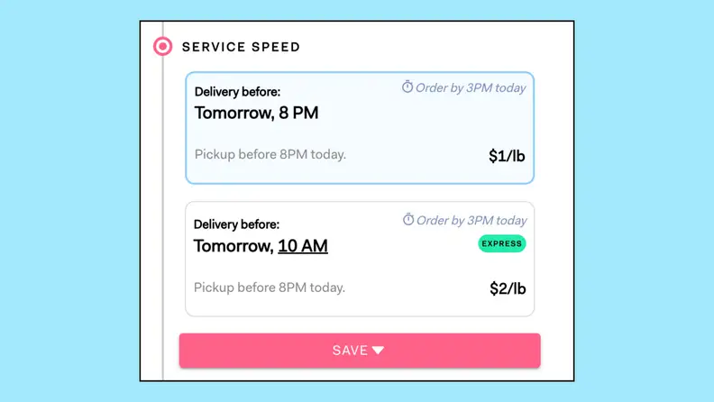 A screenshot of service speed options from Poplin on a blue background.