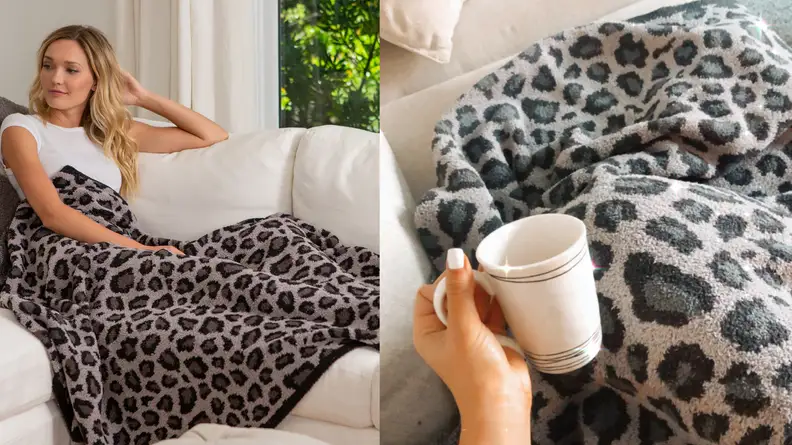 A split image of a woman using a Barefoot Dreams throw blanket and a close-up of the blanket, which you can shop for on the QVC website.