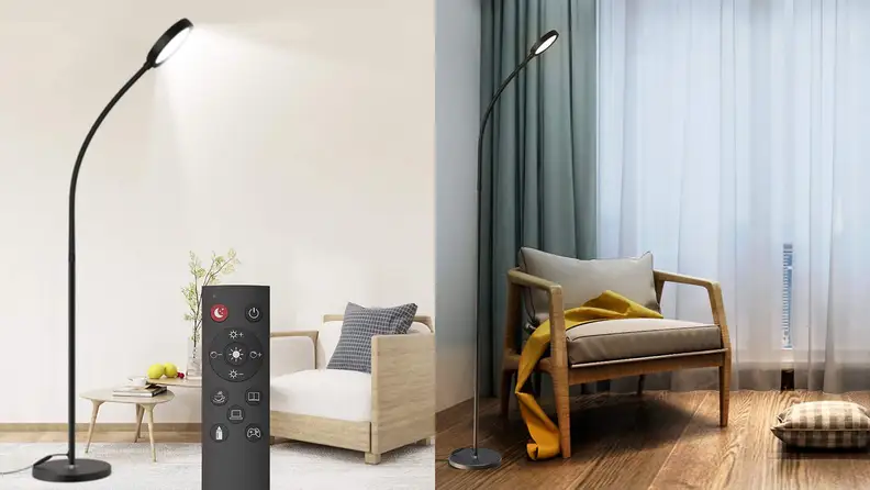 A Dodocool floor lamp illuminates a living room with a remote control.