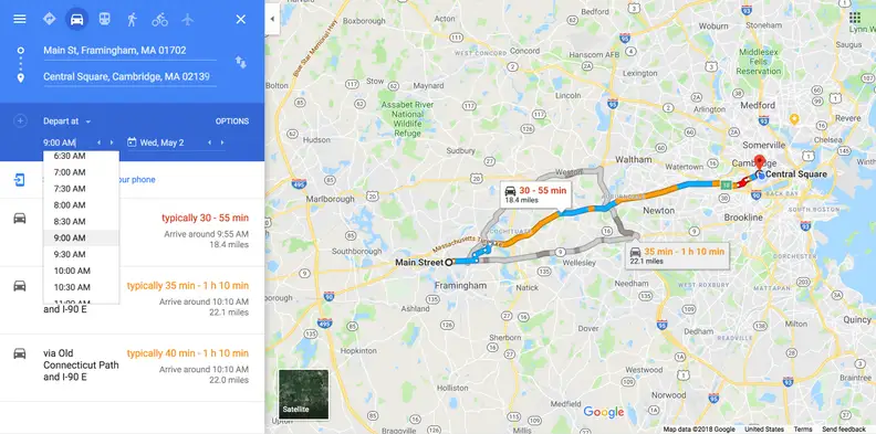 Google Maps on desktop lets you plan a route—like your commute—and preview it for specific times of day.