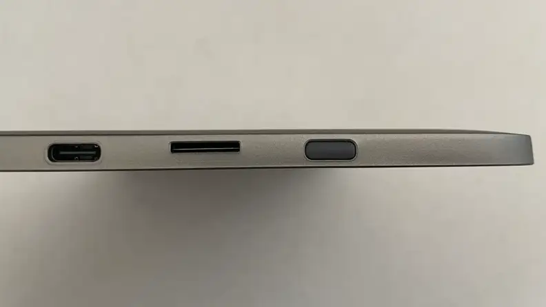 The bottom of the InkPad Color, which houses a power button, a USB-C port, and a microSD card slot.